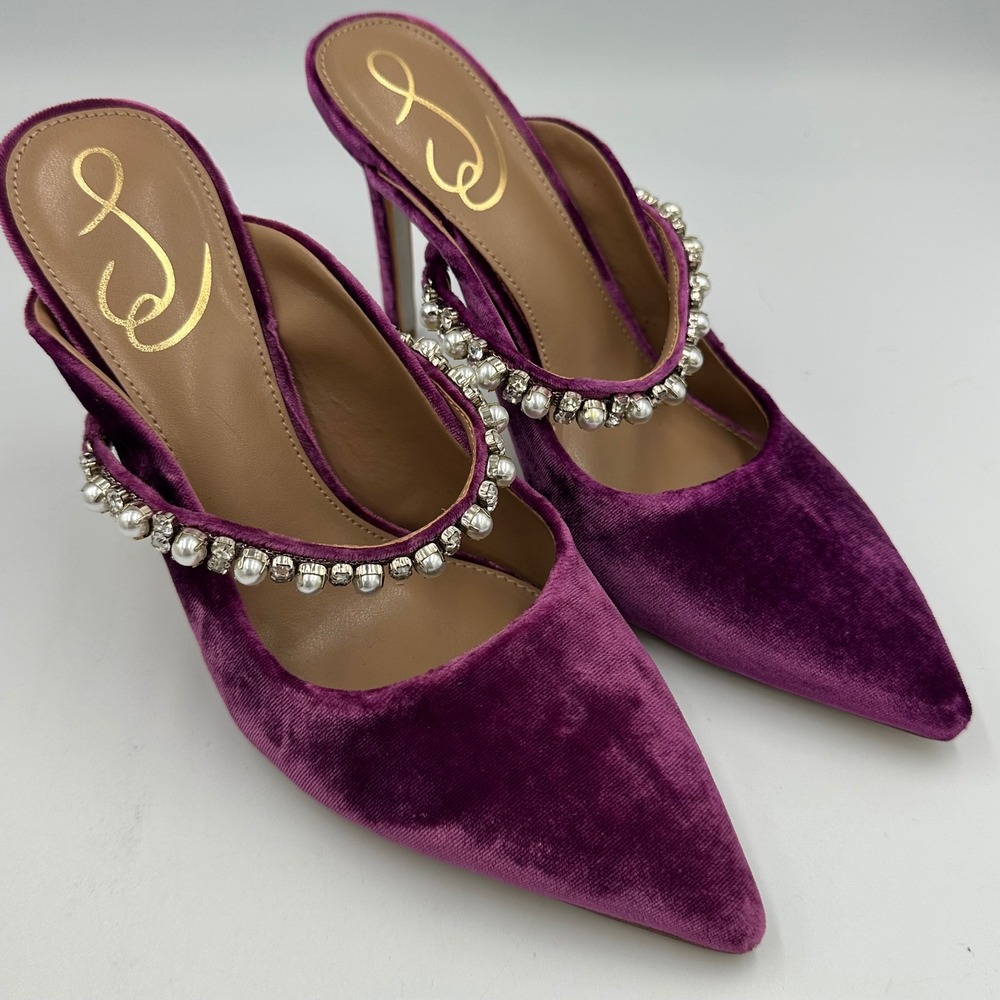 Sam Edelman Hyland Velvet Mule Heels 6.5 Purple Pearl Crystal Strap Glam Y2K NIB - Picture 13 of 16